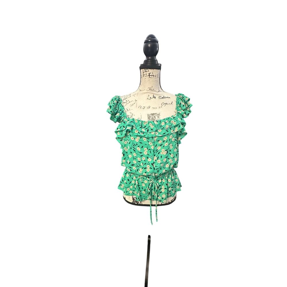 Cabi Green Floral Ruffle Blouse – Size S, Daisy Print with Waist Tie